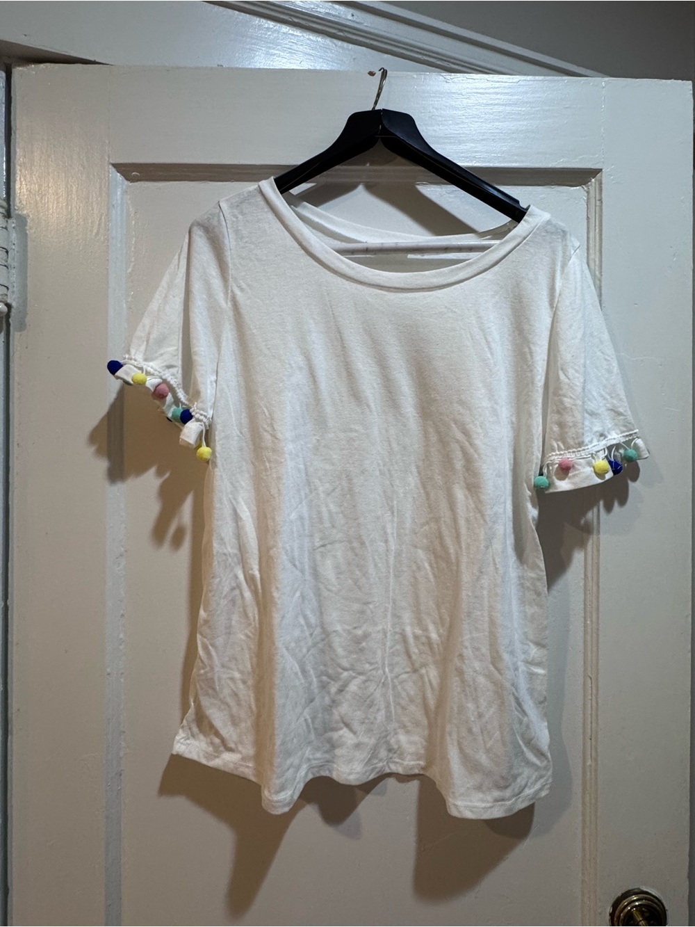White Short Sleeve Top with Colorful Pom Trim